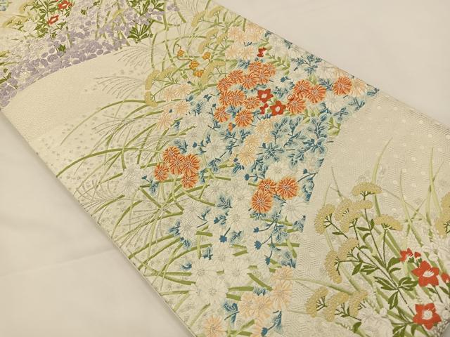 平和屋着物◎六通柄袋帯　唐織　草花文　銀糸　正絹　逸品　BAAS9582ow