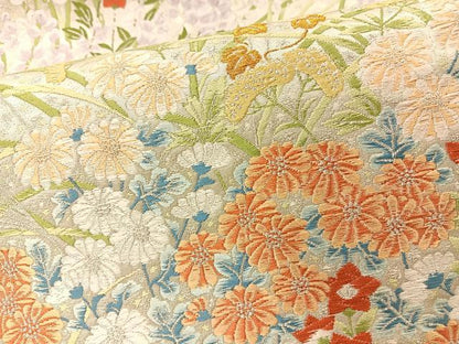 平和屋着物◎六通柄袋帯　唐織　草花文　銀糸　正絹　逸品　BAAS9582ow