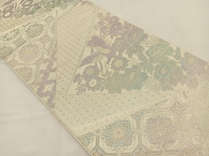 平和屋着物◎六通柄袋帯 煌きのオパール 切嵌花鳥文 銀糸 正絹 逸品 BAAS9583ow