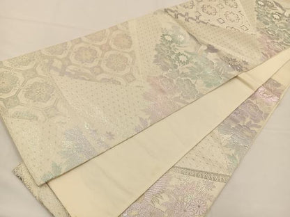 平和屋着物◎六通柄袋帯 煌きのオパール 切嵌花鳥文 銀糸 正絹 逸品 BAAS9583ow