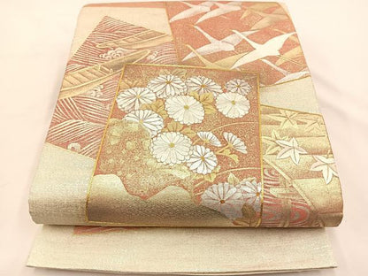 平和屋着物◎太鼓柄袋帯 駒刺繍 色紙飛鶴花文 金銀彩 正絹 逸品 BAAS9586ow