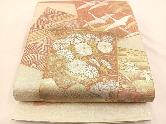 平和屋着物◎太鼓柄袋帯 駒刺繍 色紙飛鶴花文 金銀彩 正絹 逸品 BAAS9586ow