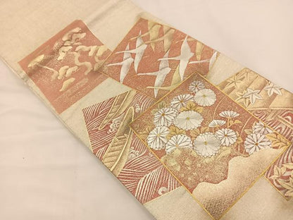 平和屋着物◎太鼓柄袋帯 駒刺繍 色紙飛鶴花文 金銀彩 正絹 逸品 BAAS9586ow