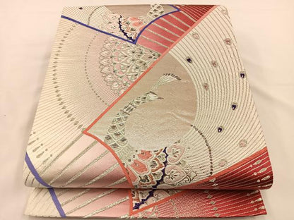 平和屋着物◎六通柄袋帯 唐織 孔雀文 銀糸 正絹 逸品 BAAS9587ow