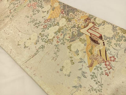 平和屋着物◎全通柄 流水草花文 金銀糸 袋帯 正絹 逸品 BAAS9659ui