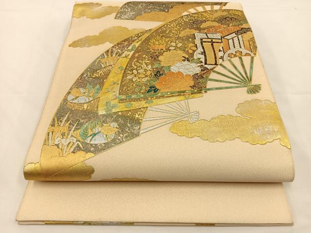 平和屋着物◎太鼓柄袋帯 綴れ 雲取り扇面花文 金銀彩 正絹 逸品 BAAS9662ow