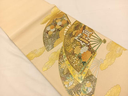 平和屋着物◎太鼓柄袋帯 綴れ 雲取り扇面花文 金銀彩 正絹 逸品 BAAS9662ow