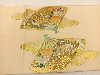 平和屋着物◎太鼓柄袋帯 綴れ 雲取り扇面花文 金銀彩 正絹 逸品 BAAS9662ow