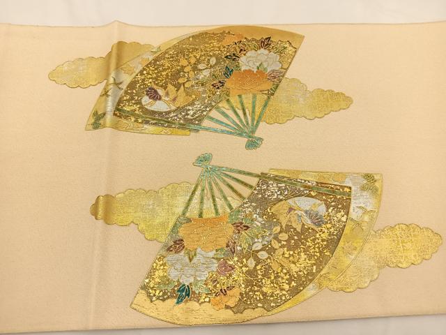 平和屋着物◎太鼓柄袋帯 綴れ 雲取り扇面花文 金銀彩 正絹 逸品 BAAS9662ow