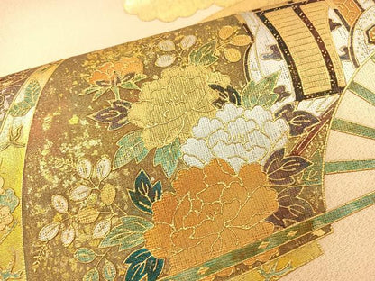 平和屋着物◎太鼓柄袋帯 綴れ 雲取り扇面花文 金銀彩 正絹 逸品 BAAS9662ow