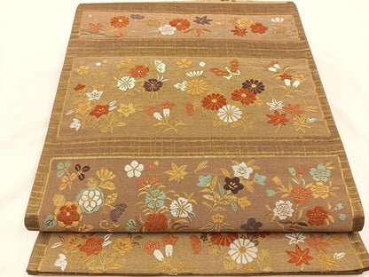 平和屋着物◎六通柄袋帯 唐織 花蝶文 金糸 正絹 逸品 BAAS9664ow