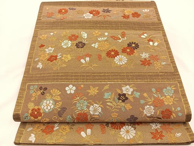 平和屋着物◎六通柄袋帯 唐織 花蝶文 金糸 正絹 逸品 BAAS9664ow