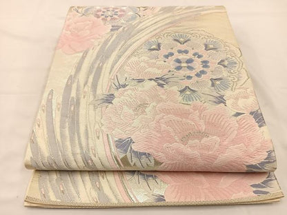 平和屋着物◎六通柄袋帯 唐織 孔雀羽花文 銀糸 正絹 逸品 BAAS9671ow