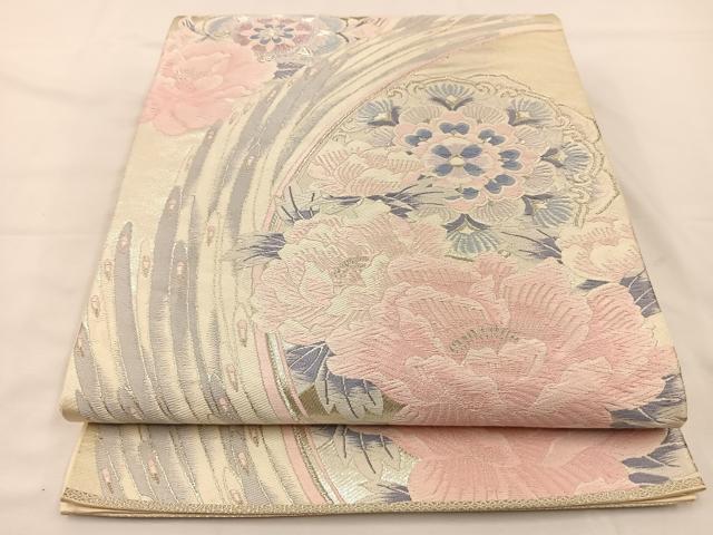 平和屋着物◎六通柄袋帯 唐織 孔雀羽花文 銀糸 正絹 逸品 BAAS9671ow