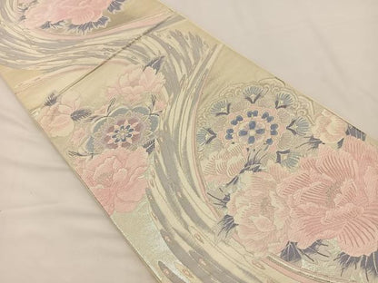平和屋着物◎六通柄袋帯 唐織 孔雀羽花文 銀糸 正絹 逸品 BAAS9671ow