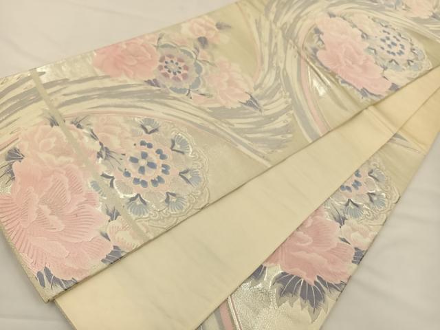 平和屋着物◎六通柄袋帯 唐織 孔雀羽花文 銀糸 正絹 逸品 BAAS9671ow