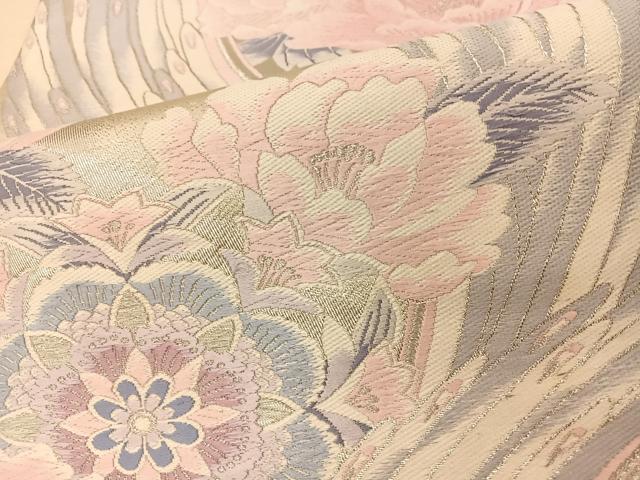 平和屋着物◎六通柄袋帯 唐織 孔雀羽花文 銀糸 正絹 逸品 BAAS9671ow