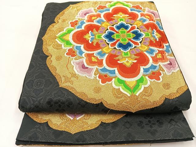 平和屋着物◎六通柄袋帯 唐織 正倉院花文 黒地 金糸 正絹 逸品 BAAS9679ow
