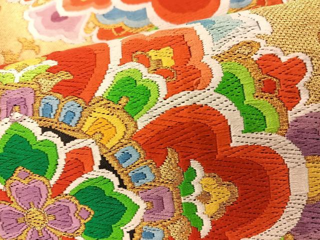 平和屋着物◎六通柄袋帯 唐織 正倉院花文 黒地 金糸 正絹 逸品 BAAS9679ow