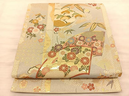 平和屋着物◎六通柄袋帯 地紙草花文 金糸 正絹 逸品 BAAS9880du
