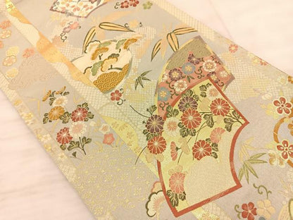 平和屋着物◎六通柄袋帯 地紙草花文 金糸 正絹 逸品 BAAS9880du