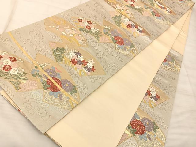 平和屋着物◎六通柄袋帯 唐織 地紙花文 金糸 正絹 逸品 BAAS9892du