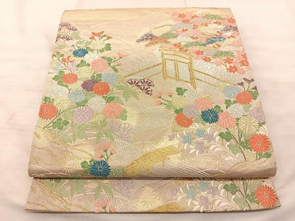 平和屋着物◎六通柄袋帯 唐織 流水草花文 金銀糸 正絹 逸品 BAAS9906du