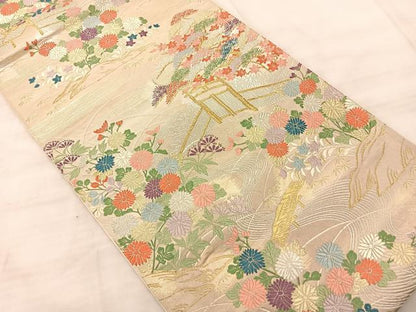 平和屋着物◎六通柄袋帯 唐織 流水草花文 金銀糸 正絹 逸品 BAAS9906du
