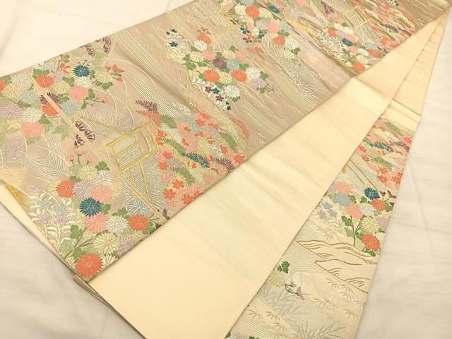 平和屋着物◎六通柄袋帯 唐織 流水草花文 金銀糸 正絹 逸品 BAAS9906du