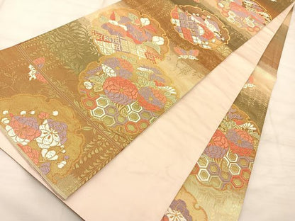 平和屋着物◎六通柄袋帯 唐織 舞蝶草花文 金糸 正絹 逸品 BAAS9909du