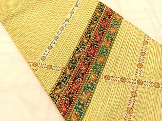 平和屋着物◎西陣じゅらく謹製　太鼓柄袋帯　ペイズリー　金糸　正絹　逸品　BAAS9916du