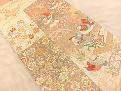 平和屋着物◎六通柄袋帯 唐織 鴛鴦花蝶文 金糸 正絹 逸品 BAAS9935du