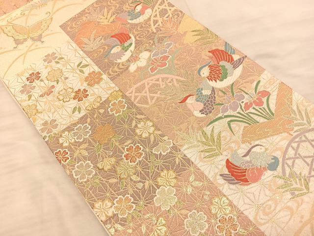平和屋着物◎六通柄袋帯 唐織 鴛鴦花蝶文 金糸 正絹 逸品 BAAS9935du