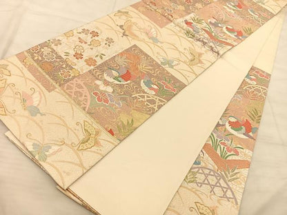 平和屋着物◎六通柄袋帯 唐織 鴛鴦花蝶文 金糸 正絹 逸品 BAAS9935du