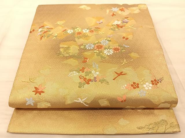 平和屋着物◎六通柄袋帯 唐織 花蝶文 金糸 正絹 逸品 BAAS9947du