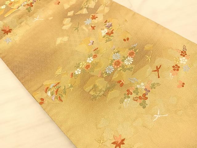 平和屋着物◎六通柄袋帯 唐織 花蝶文 金糸 正絹 逸品 BAAS9947du