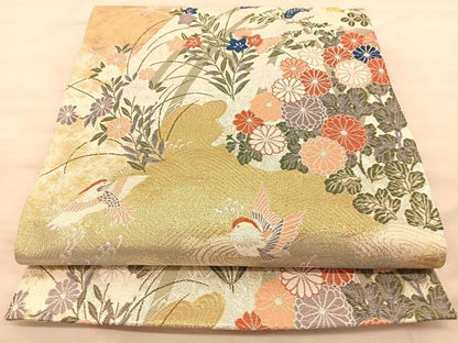 平和屋着物◎六通柄袋帯 秀鳳錦 鴛鴦秋草文 金銀糸 正絹 逸品 BAAS9958du
