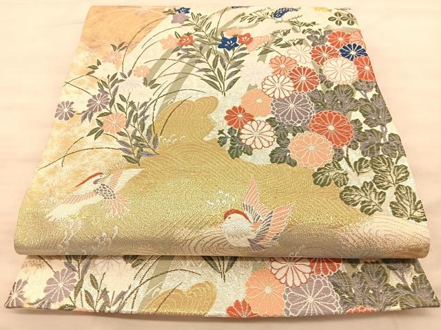 平和屋着物◎六通柄袋帯 秀鳳錦 鴛鴦秋草文 金銀糸 正絹 逸品 BAAS9958du