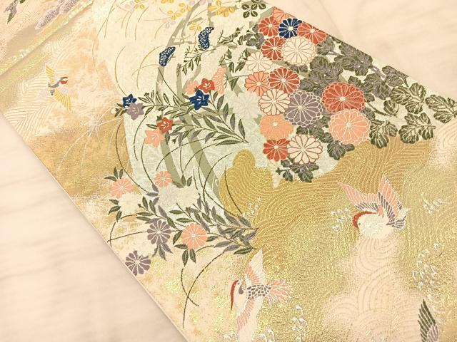 平和屋着物◎六通柄袋帯 秀鳳錦 鴛鴦秋草文 金銀糸 正絹 逸品 BAAS9958du