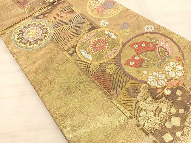 平和屋着物◎六通柄袋帯 唐織 慶長重ね 献上菊花蝶文 金糸 正絹 逸品 BAAS9962du