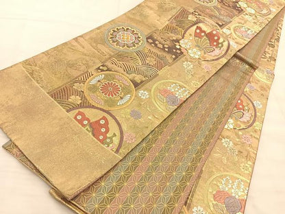 平和屋着物◎六通柄袋帯 唐織 慶長重ね 献上菊花蝶文 金糸 正絹 逸品 BAAS9962du