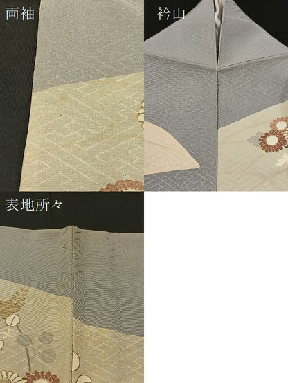 平和屋着物▽訪問着 単衣 駒刺繍 横笛草花文 金彩 正絹 逸品 BAAT0405yt
