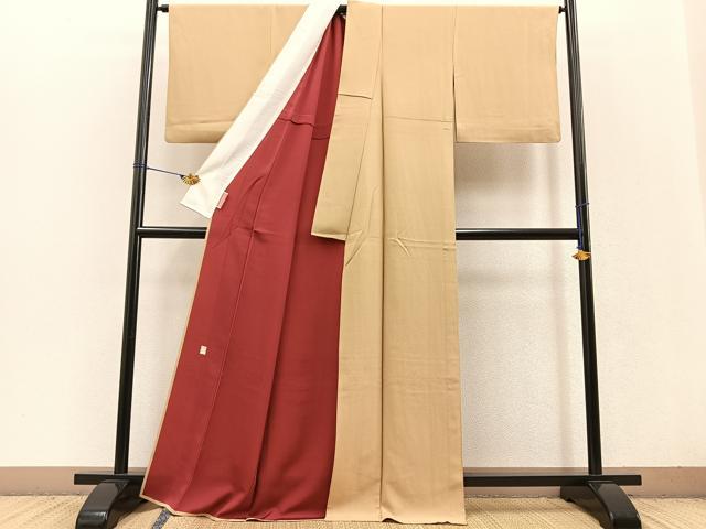 平和屋着物▽染色作家 田中文子監修 色無地 単衣 あられ地紋 飴色 正絹 逸品 BAAT0418yt