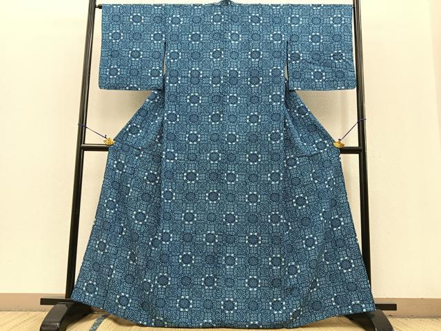 平和屋着物▽小紋 単衣 藍 型染め 吉祥花文 洗える着物 BAAT0424yt