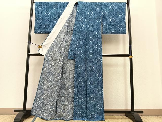 平和屋着物▽小紋 単衣 藍 型染め 吉祥花文 洗える着物 BAAT0424yt