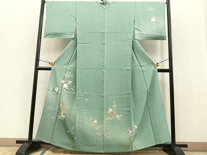 平和屋着物▽訪問着 単衣 草花文 暈し染め 正絹 逸品 BAAT0425yt