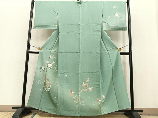 平和屋着物▽訪問着 単衣 草花文 暈し染め 正絹 逸品 BAAT0425yt