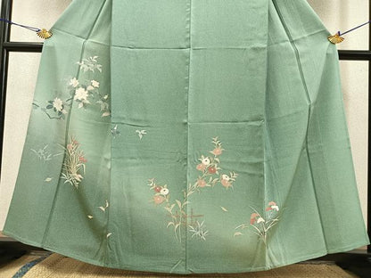平和屋着物▽訪問着 単衣 草花文 暈し染め 正絹 逸品 BAAT0425yt