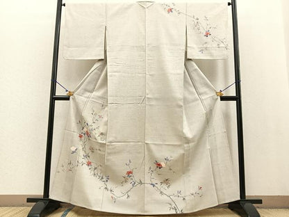 平和屋着物▽訪問着 単衣 紬地 枝椿文 正絹 逸品 BAAT0430yt