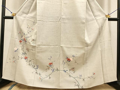 平和屋着物▽訪問着 単衣 紬地 枝椿文 正絹 逸品 BAAT0430yt